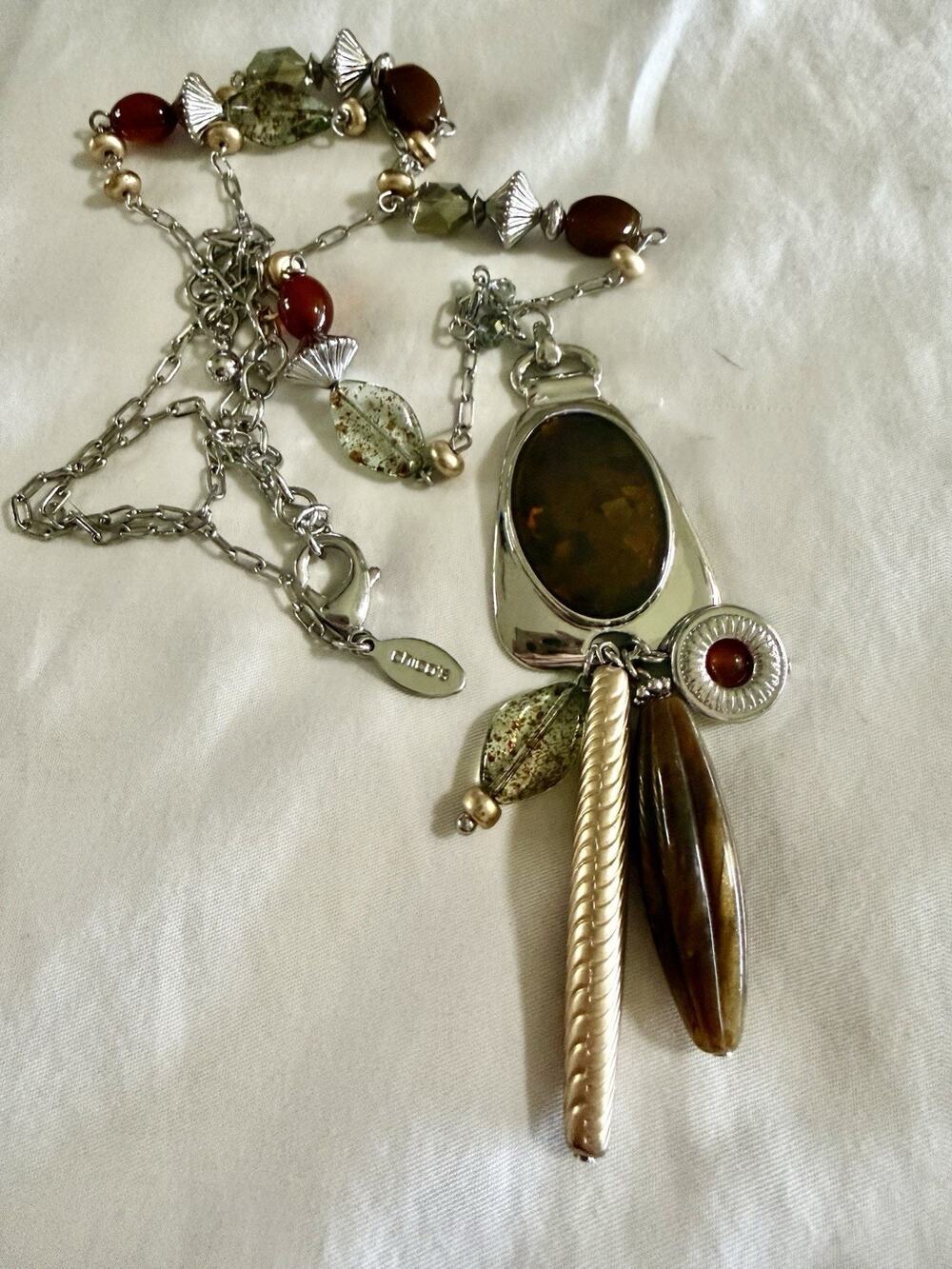 Bold Statement Chicos Silver Tone Brown Enameled Pendant, Amber Beads 32” +4”